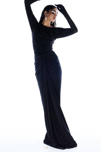 Black embroidered net dress