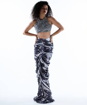 Blue printed lycra skirt with silver embroidered top 1