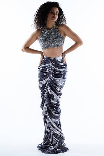 Blue printed lycra skirt with silver embroidered top