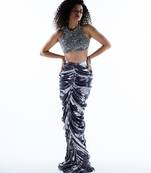 Blue printed lycra skirt with silver embroidered top