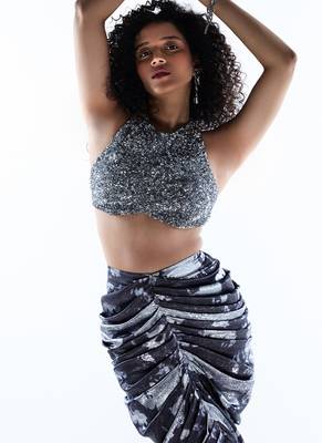 Blue printed lycra skirt with silver embroidered top 2