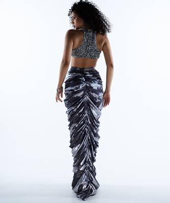 Blue printed lycra skirt with silver embroidered top 4