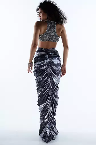 Blue printed lycra skirt with silver embroidered top