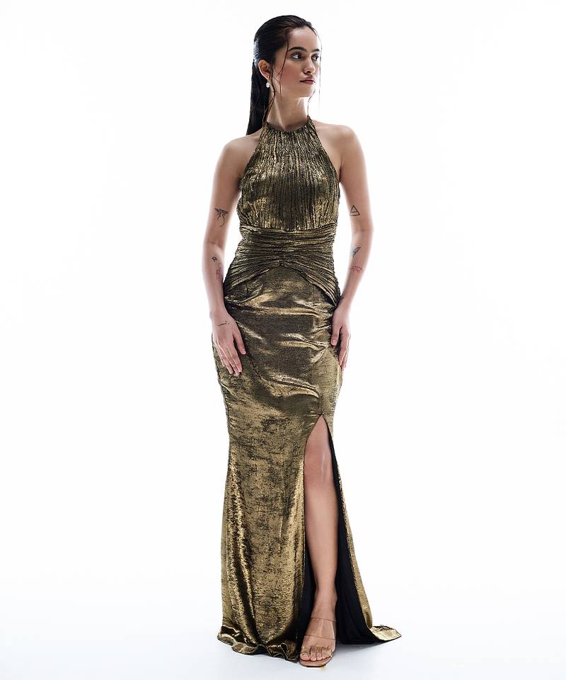 Gold plain crepe dress