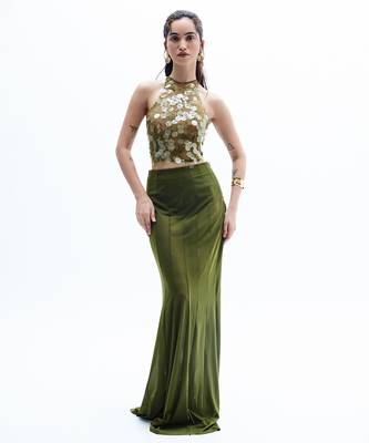 Green printed chiffon skirt set 1