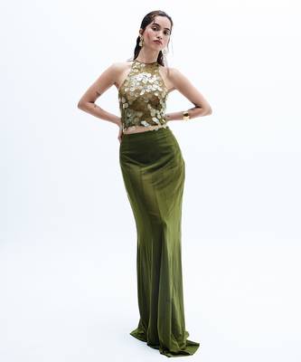 Green printed chiffon skirt set 2