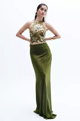 Green printed chiffon skirt set