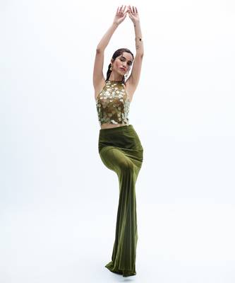 Green printed chiffon skirt set 3