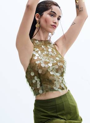 Green printed chiffon skirt set 4