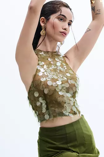 Green printed chiffon skirt set