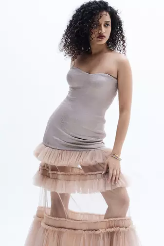 Beige embroidered net dress
