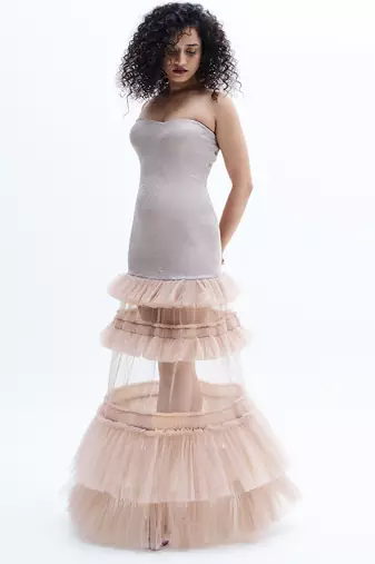 Beige embroidered net dress