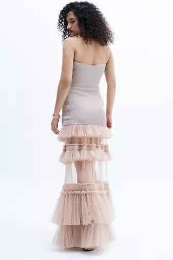 Beige embroidered net dress