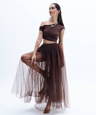Brown plain net skirt set 1