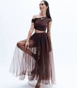 Brown plain net skirt set