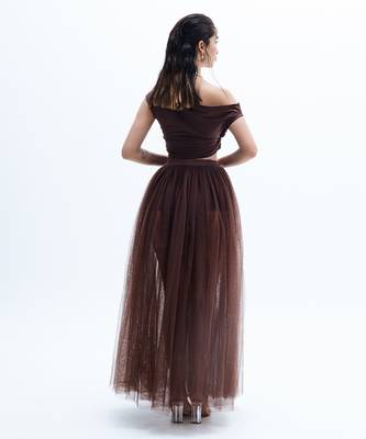 Brown plain net skirt set 2