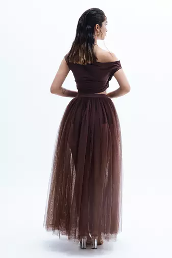 Brown plain net skirt set