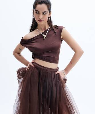 Brown plain net skirt set 3