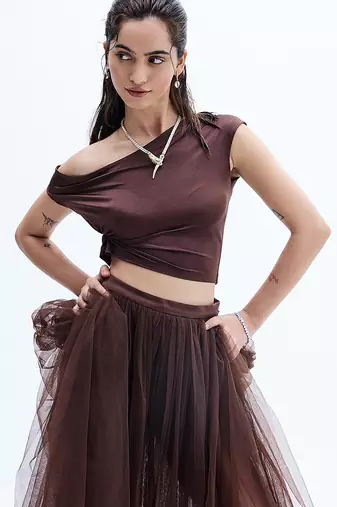 Brown plain net skirt set