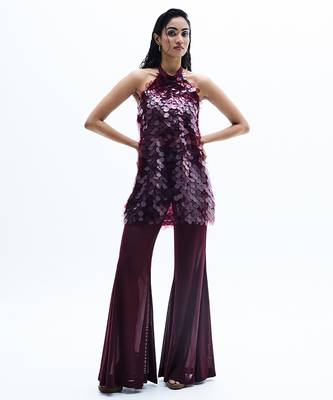 Maroon embroidered chiffon co ord set 1