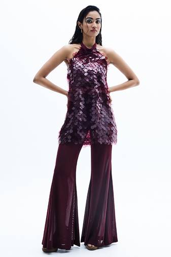 Maroon embroidered chiffon co ord set