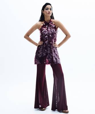 Maroon embroidered chiffon co ord set 2