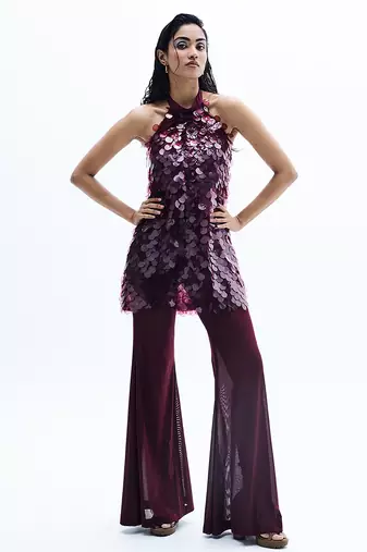 Maroon embroidered chiffon co ord set