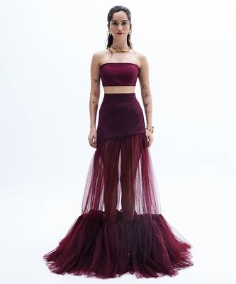 Maroon net skirt set 1