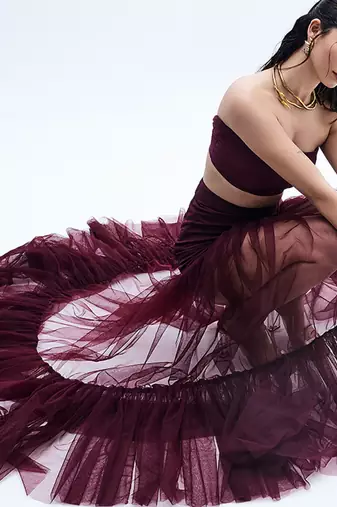 Maroon net skirt set