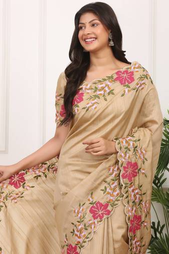 Beige Color Thread Work Manipuri Silk Blnd Saree
