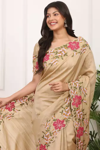 Beige Color Thread Work Manipuri Silk Blnd Saree