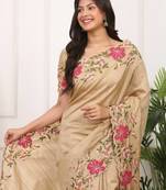 Beige Color Thread Work Manipuri Silk Blnd Saree
