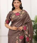 Dark Grey Color Thread Work Manipuri Silk Blend Saree