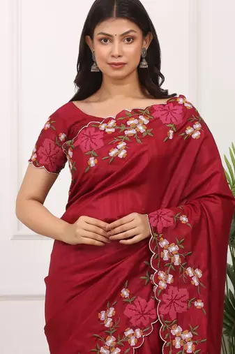 Maroon Color Thread Work Manipuri Silk Blend Saree
