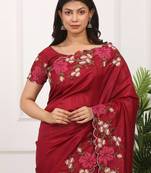 Maroon Color Thread Work Manipuri Silk Blend Saree