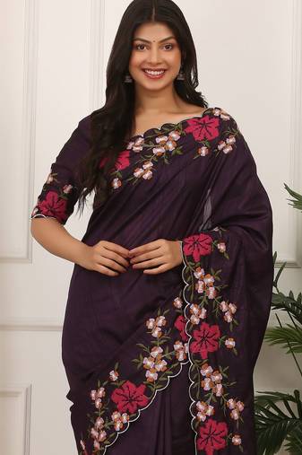 Purple Color Thread Work Manipuri Silk blend Saree