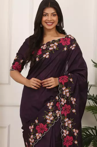 Purple Color Thread Work Manipuri Silk blend Saree