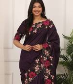 Purple Color Thread Work Manipuri Silk blend Saree