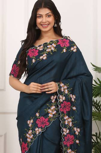 Teal Color Thread Work Manipuri Silk blend Saree