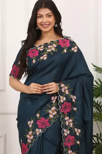 Teal Color Thread Work Manipuri Silk blend Saree