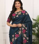 Teal Color Thread Work Manipuri Silk blend Saree