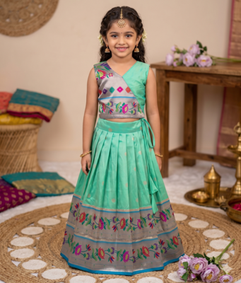 green paithani pattu pavadai for girls ethnic wear 1
