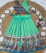green paithani pattu pavadai for girls ethnic wear