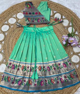 green paithani pattu pavadai for girls ethnic wear 2