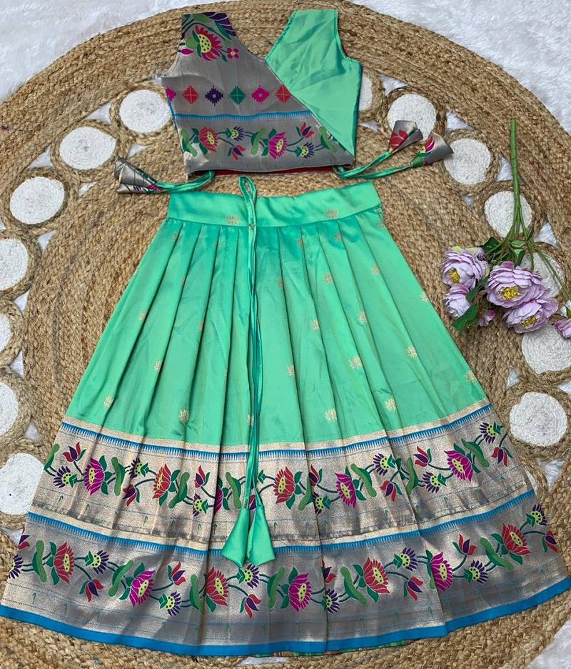 green paithani pattu pavadai for girls ethnic wear