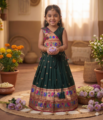 green paithani pattu pavadai for girls ethnic wear 1