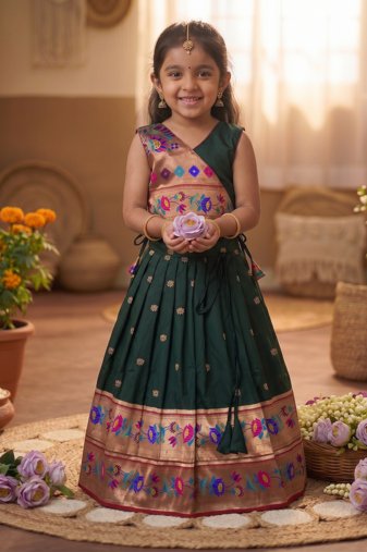 green paithani pattu pavadai for girls ethnic wear