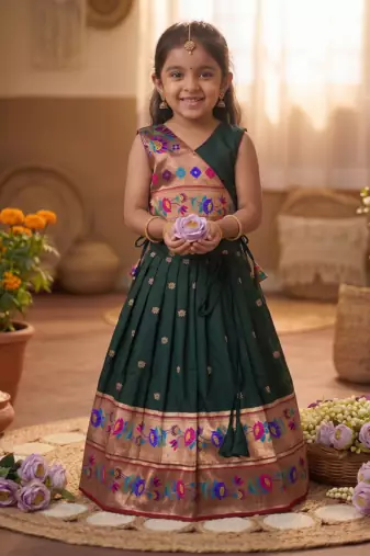 green paithani pattu pavadai for girls ethnic wear