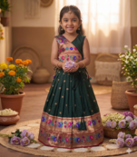 green paithani pattu pavadai for girls ethnic wear