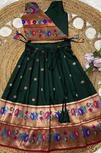 green paithani pattu pavadai for girls ethnic wear